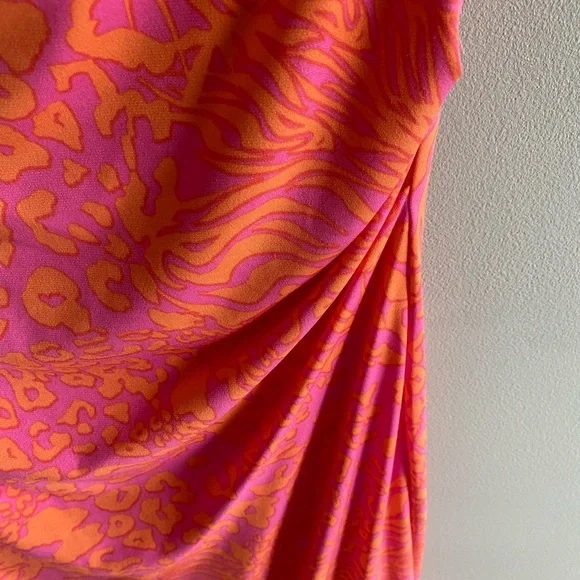 Larry Levine Dress Women's S Pink Orange Cocktail Stretch Ruched Chittah Pattern - Picture 5 of 9
